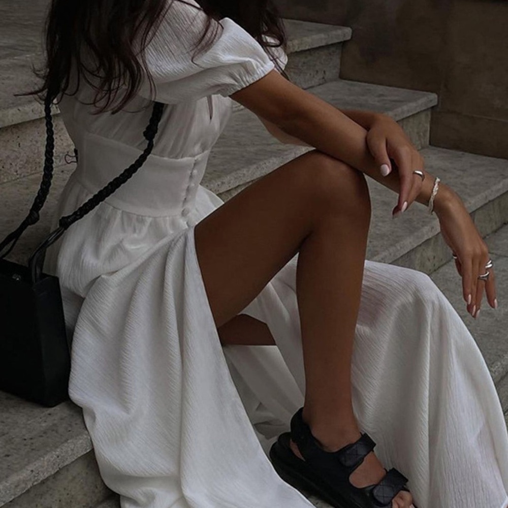 Elegant White Maxi Dress button front M - Picture 4 of 5